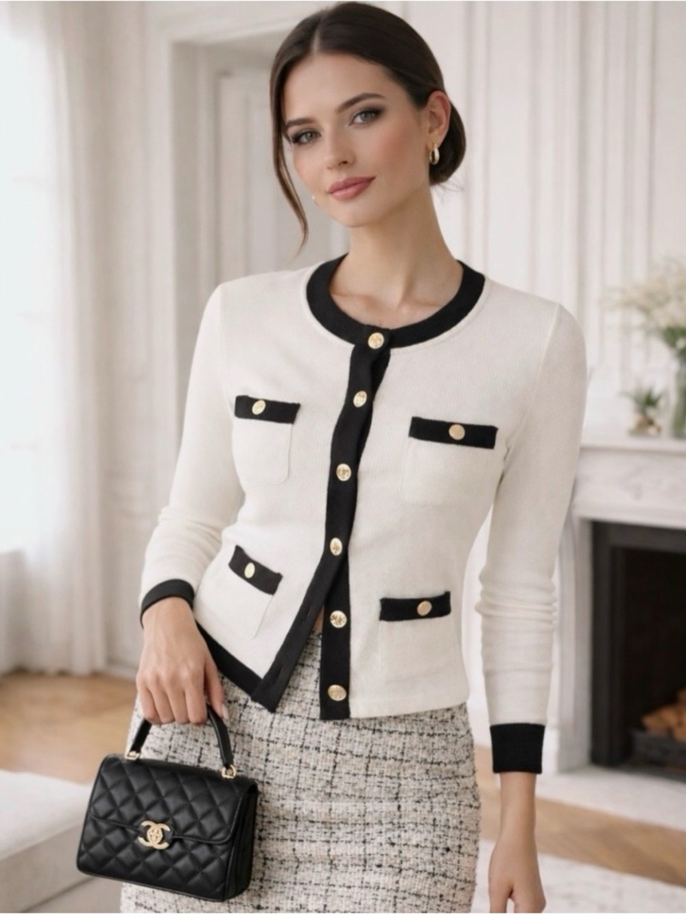 J. Crew Cream Cardigan with Black Trim and Gold Buttons
